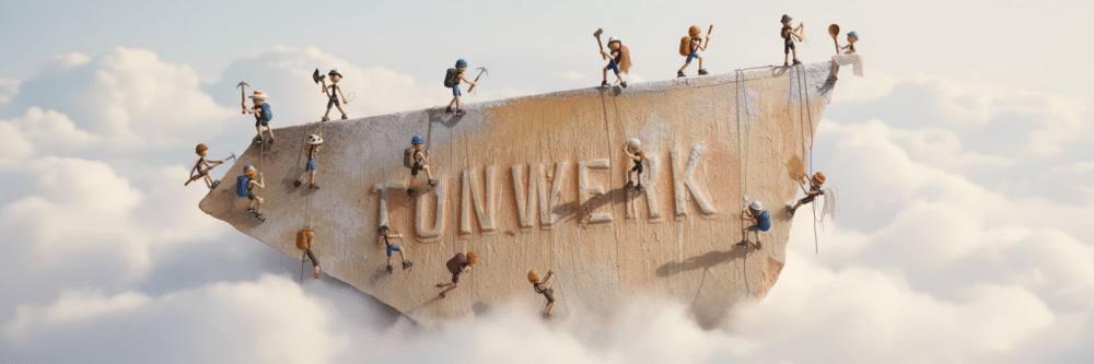 Kleine Kletterfiguren erklimmen ein Ziegelstück mit der Aufschrift TUNWERK