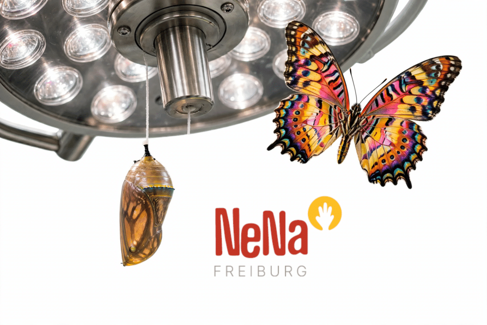 NeNa Freiburg – Netzwerk Nachbarschaftshilfe: Schmetterling und Puppe vor einer OP-Lampe, Logo NeNa Freiburg